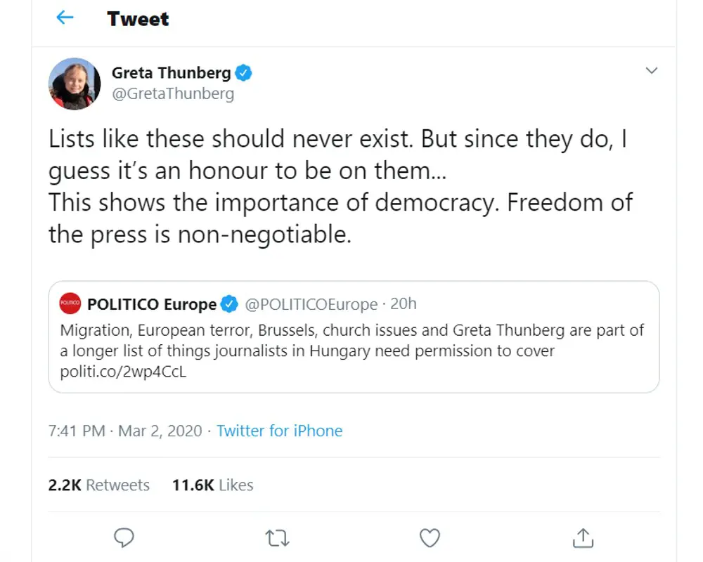 Greta Thunberg reagált arra, hogy a magyar közmédia "tiltólistáján" szerepel
