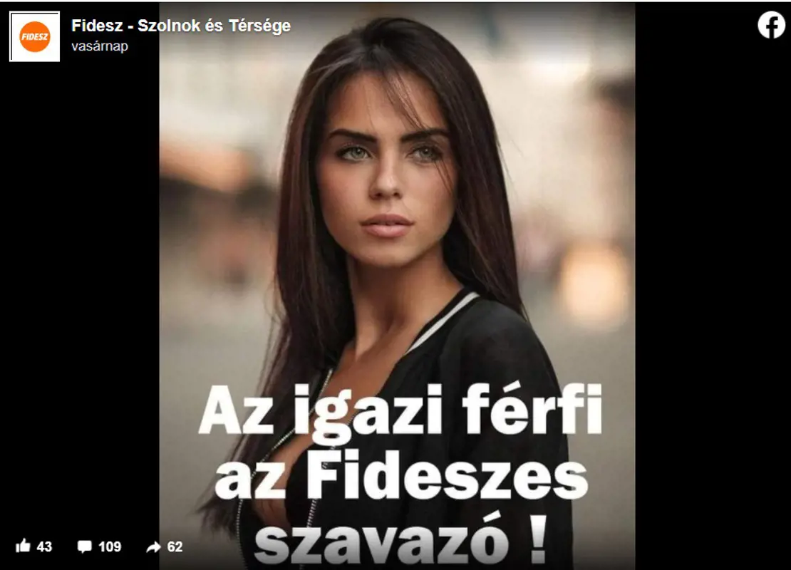 Egy női modell képével illusztrálta a szolnoki Fidesz, hogy "egy igazi férfi az fideszes-szavazó"