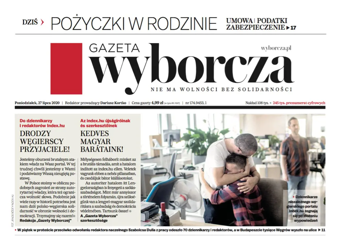 A legnagyobb lengyel közéleti napilap magyarul üzen címlapján a távozó indexeseknek