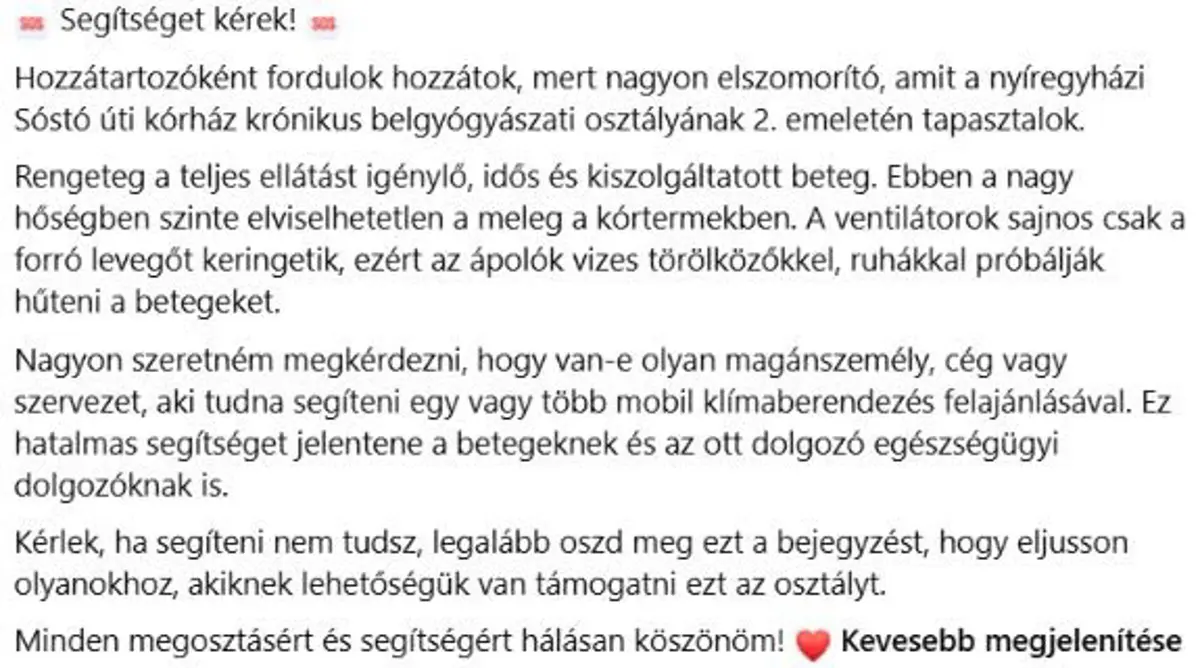 „Úgy érzik, megfő a tüdejük a 42 fokos kórteremben” – segélykiáltás egy magyar kórházból